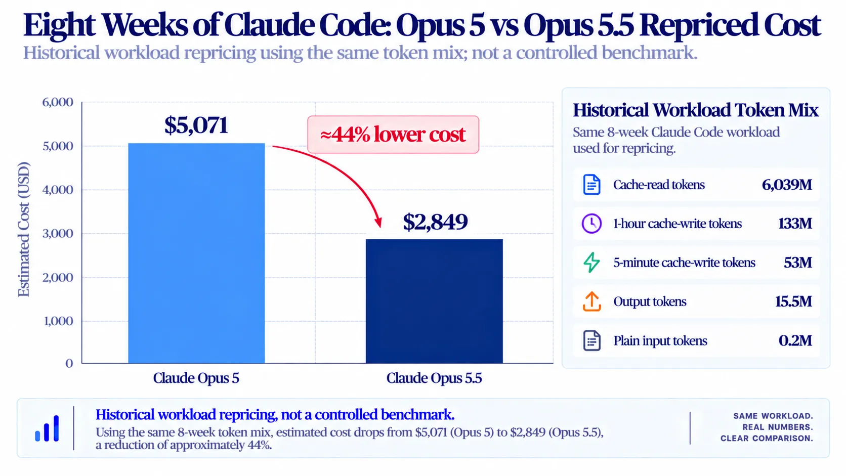 Historical eight-week Claude Code workload repriced from an estimated $5,071 with Opus 5 to $2,849 with Opus 5.5, with about 97% of tokens reported as cache reads.webp